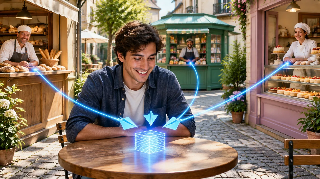 Um rapaz sorri numa mesa ao sol, numa rua de bairro, e recebe numa pilha de cartas luminosa os convites que três balcões lhe enviam como aviõezinhos de luz: uma padaria à esquerda, uma confeitaria à direita e um quiosque ao fundo.